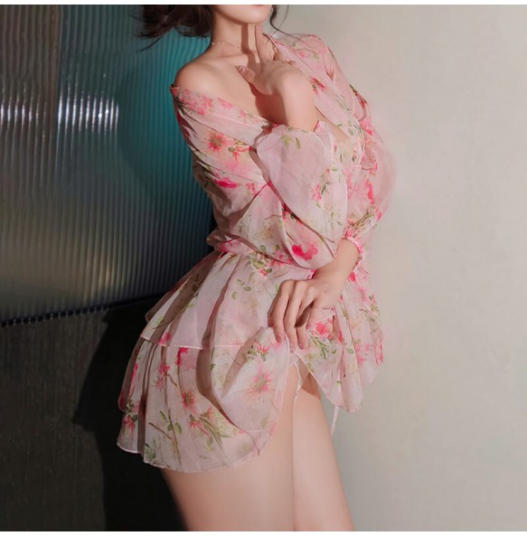FEE ET MOI - French V-Neck Tie Print Dress (Pink)